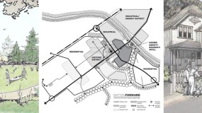 House with landscaped parking strip, design map of downtown, waterfront park design