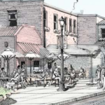 Design rendering of Commerce Street alley with outdoor restaurant seating and pedestrians