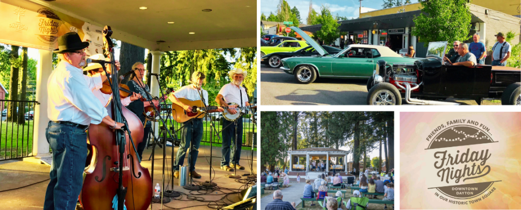 A collage depicts musicians with instruments standing in bandstand, antique cars lined up on stree, an audience outdoors, and a brown round logo that says Dayton Friday Nights.